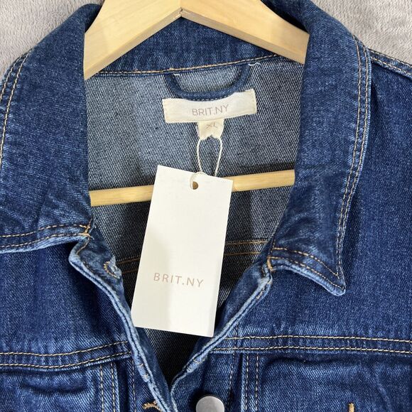 Brit.NY Denim Jean Jacket XL Blue Embellished Satin Mixed Media Floral NEW - Picture 4 of 15